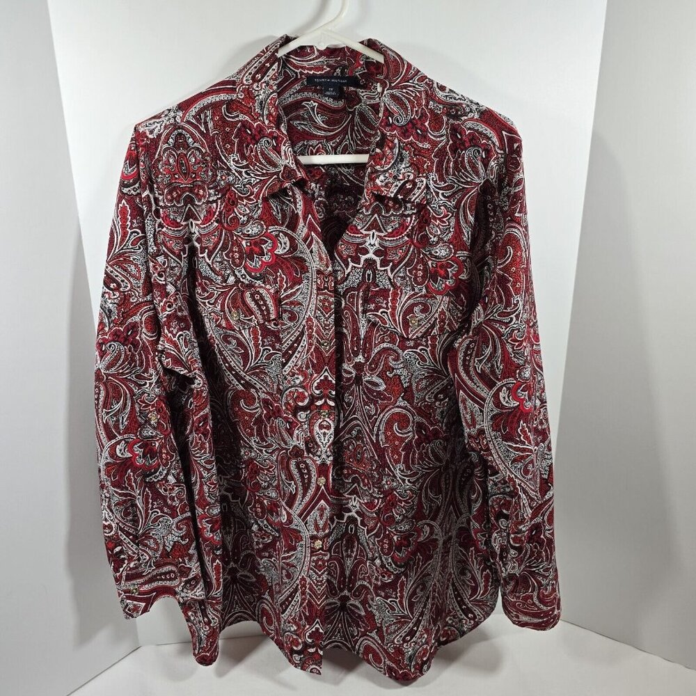 Tommy Hilfiger Womens Button Up Shirt Top Long Sleeve Paisley Red Size 0X